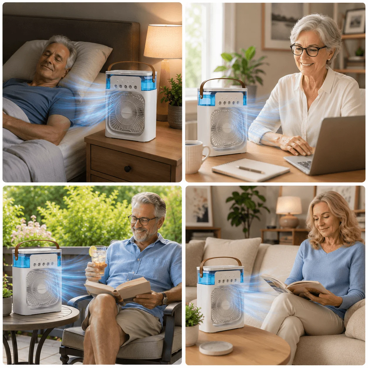 Person sitting in a sunlit reading chair with Cool Breeze Pro on a side table