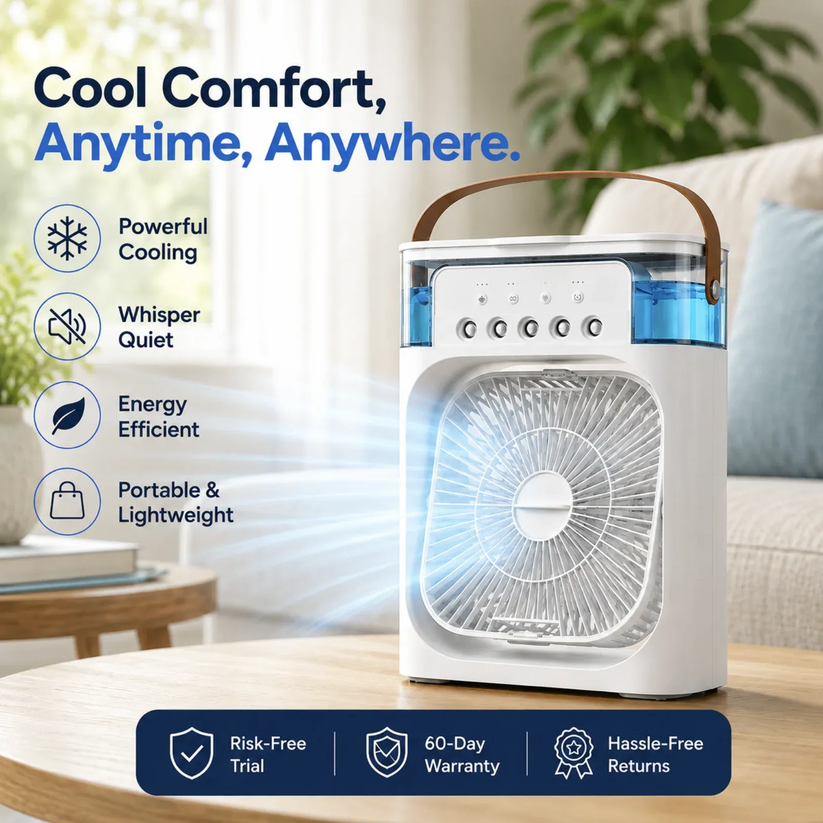 Cool Breeze Pro on a wooden table with the headline Cool Comfort, Anytime, Anywhere — feature callouts for Powerful Cooling, Whisper Quiet, Energy Efficient, and Portable & Lightweight, plus Risk-Free Trial, 60-Day Warranty, and Hassle-Free Returns trust badges