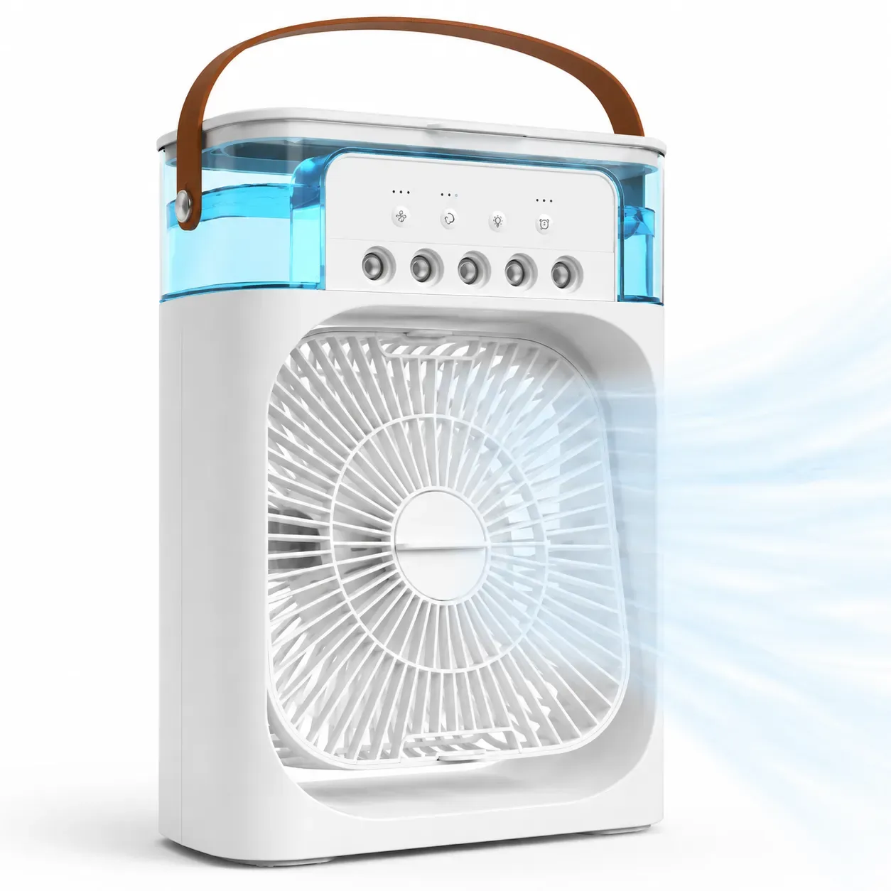 Cool Breeze Pro personal cooler — white 3-in-1 evaporative AC unit with blue-lit water tank and carry handle