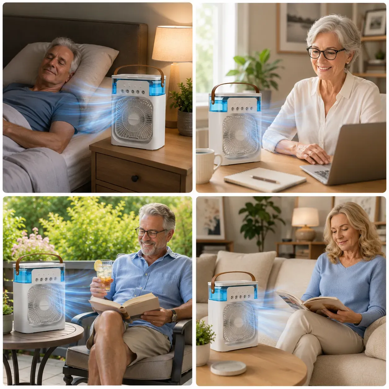 Cool Breeze Pro in everyday use — cooling the bedroom, home office, back porch, and living room