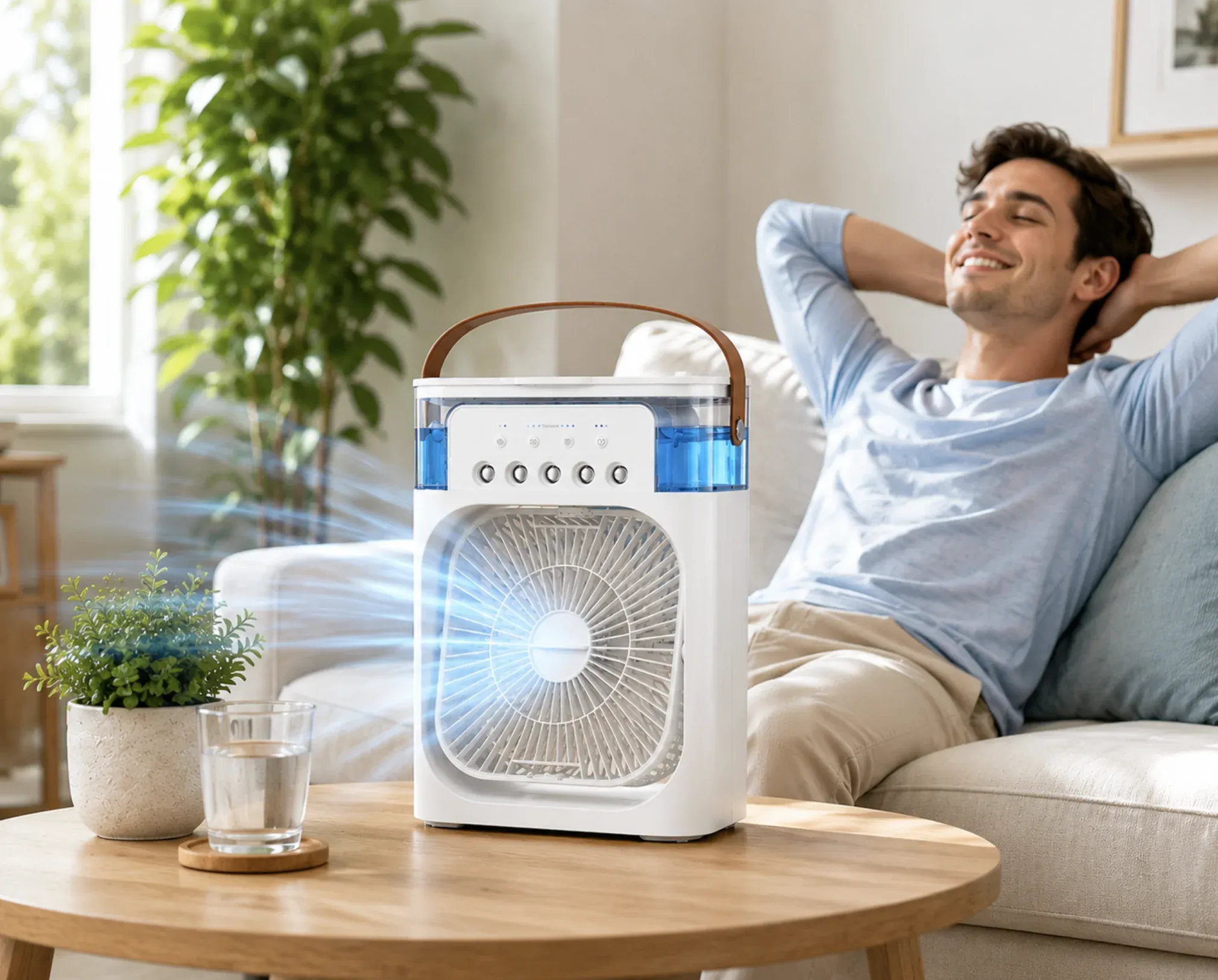 Smiling man relaxing on a couch with Cool Breeze Pro running on a wooden side table, mist visibly flowing — risk-free trial in your own space